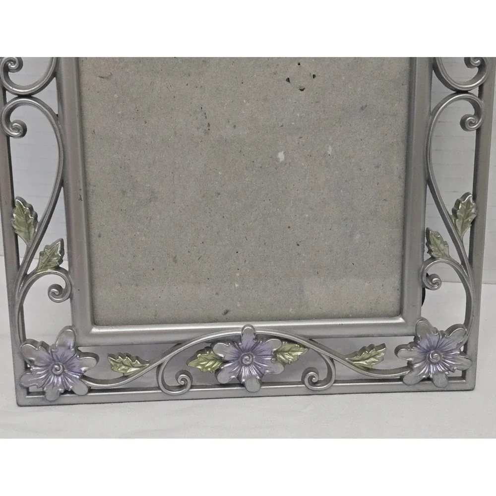 Vintage Ornate Silver Metal 5x7 Picture Frame with Purple Enamel Flowers
